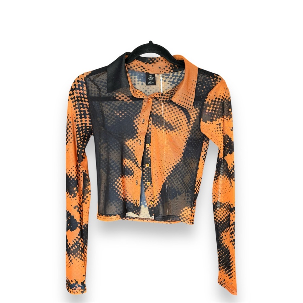 Orange and black longsleeve mesh shirt with a collared design